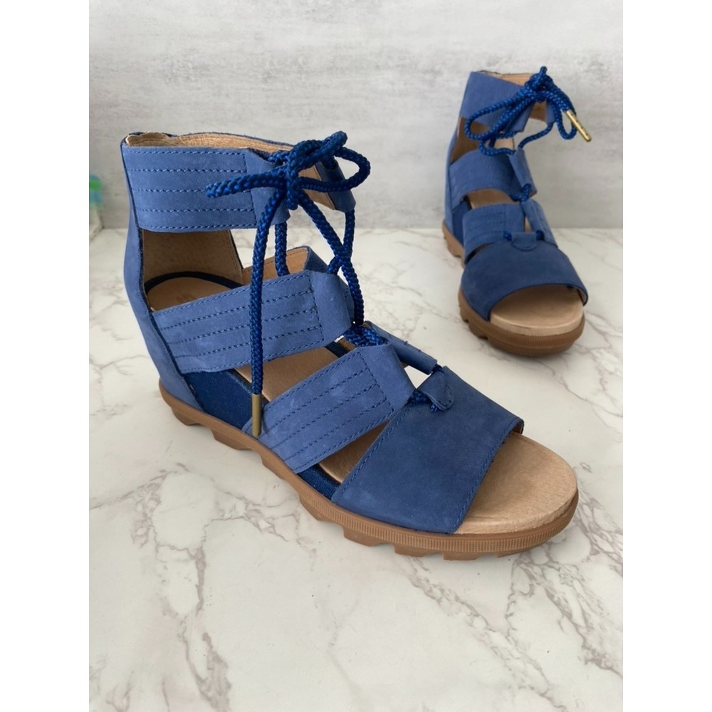 Sorel Women's Joanie II Lace Wedge Sandals Sz 9 Blue Suede Ankle Straps Lace Up